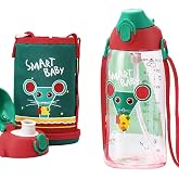Uzspace B&uuml;y&uuml;k Boy 700ml Kılıflı Askılı Pipetli/pipetsiz Iki Ayrı Kapaklı Tritan &Ccedil;ocuk Matarası (Smart Baby (Kırmızı-Yeşil))