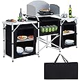 Warmiehomy Folding Camping Storage Cupboard Portable Camping Kitchen Unit with Aluminium Frame, 3 cupboards+1 panel, Black, 175×40×110cm