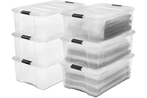 Iris Ohyama, Boite Rangement Plastique avec Couvercle, 30L, Lot de 6, Transparent, Clips de Fermeture, Poignée, Empilable, Organisation Solide & Durable, pour Chambre, Dressing, Bureau, DDNTB-30