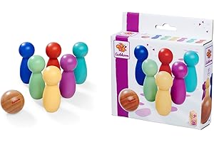 Eichhorn – Games – Bowling Spiel mit 6 Pins und Einer Holzkugel, buntes Tisch Bowling, 7 teilig, aus Birkenholz, ab 3 Jahren