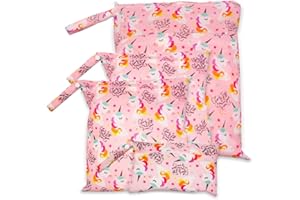 GROVBLE 4 Stück wetbag kindergartenwiederverwendbare Windeltasche Reißverschlusstaschen windelbeutel für Babys Windeln wasserdichte Wickeltasche windeltasche Nasse Tasche mit rosa Einhorn