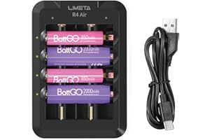 LIMETA Carica Batterie Ricaricabili AA e AAA 18650, Caricabatterie Rapido e Compatto per pile Ricaricabili, Carica pile Ricaricabili Intelligente con Connessione Bluetooth, Input Type-C (R4Air)