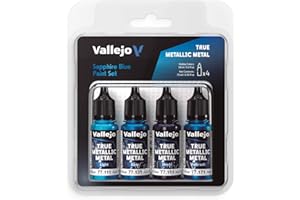 Vallejo True Metallic Metall Set Saphirblau, 4 Farben zum Lackieren von Metallen, inklusive Grundierung, Aufheller, Schattierung und Airbrush, BSL-System, für gleichmäßige und vielseitige Ergebnisse
