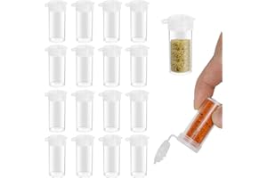 GOWTX Juego de 20 mini saleros con etiquetas, 6 g de plástico con tapa con bisagras, mini coctelera extragrande, dispensador de especias, salero transparente, pequeño para viaje, camping, especias para