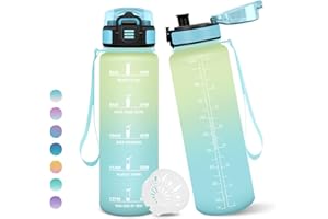 MOTSWEDI Borraccia, 1000ML Senza BPA, Borraccia Bambini, Con marca temporale, Borraccia Motivazionale, Design della serratura a prova di perdite, Bottiglia Acqua per Sport, Scalare Montagne - Bianco&Blu