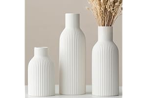VIVIDFLOW Lot de 3 vases modernes en céramique nervurés - Couleurs pastel - Vases décoratifs pour salon (blanc)