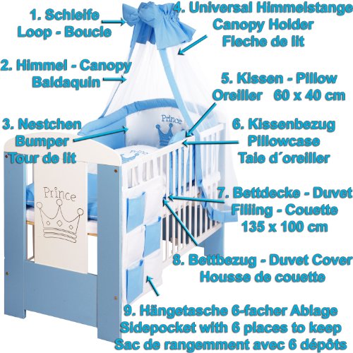 PRINZ blau Babyzimmer Möbel Komplettset für Jungs mit Kinderbett 120×60 Wickelkommode 9 teiligen Bettwäsche Set weiss - 5
