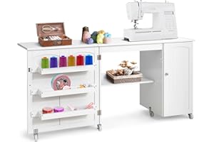 ‎GOPLUS GOPLUS Klappbarer Nähtisch, 2 in 1 Nähschrank & Schreibtisch, Nähmaschinentisch auf Rollen, 3 Seitenfächer & 1 Schrank, 2 arretierbare Rollen, für Wohnzimmer Schlafzimmer Büro (Weiß)