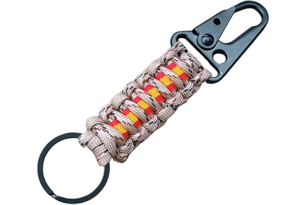 Llavero de ESPAÑA de paracord 550 (249kg) tipo lll con mosquetón, modelo BASIC, muy util en supervivencia, desmontable, resitente y hecho a mano por 21 Steps. (ARIDO)
