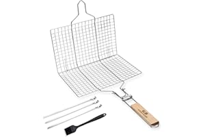 G.a HOMEFAVOR Barbacoa Parrilla Portátil Plegable Acero Inoxidable Cesto Pescado Parrilla con Mango de Madera para Pescado, Verduras, Camarón, Carne, 55 x 33.5cm