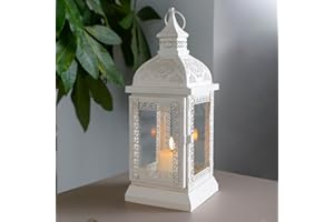 TRIROCKS Farol de Metal Estilo Rústico 32cm Alto, Soporte de Vela Colgante con Vidrio Transparente para Sala, Jardín, Patio y Eventos (Crema)