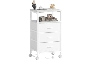 Lutown-Teen Comodini Bianchi con Stazione di Ricarica, Tavolini con 3 Cassetti in Tessuto, 4 Ruote, 2 Prese CA, 2 Porte USB, Alto 73 cm, Comodino per Soggiorno, Camera da Letto, Studio, Bianco