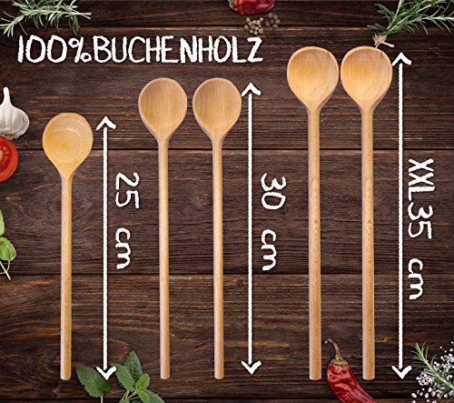 RSW24® 5-tlg Kochlöffel-Set aus kräftigem Hartholz, 25-35cm Länge, aus Buchenholz, Hartholz, Verschiedene Größen, Küchenutensilien hergestellt in Europa, mit Back-löffel und Koch-Löffel - 3