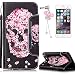 Produktbild iPhone SE Hülle,iPhone 5S PU Leder Flip Wallet Case Cover,Sunroyal Cool Retro Elegant Schön Rosa Schädel Blume Malerei Muster Entwurf Flip Magnetverschluss Wallet Kreditkarte ID Card Slots Handy Hülle mit Standfunktion Strip Bookstyle Handyhülle Tasche PU Schutz Etui Folio Schutzhülle für Apple iPhone SE/5S/5 + Bling Glitzer Diamant Staub Stecker und Displayschutzfolie