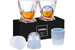 LORSIA Vasos de whisky, juego de 4 (2 vasos de cristal, 2 moldes grandes de bolas de hielo) en caja de regalo, vasos de whisky de 330 ml para cócteles escocés, ron, licores, regalos únicos para hombres