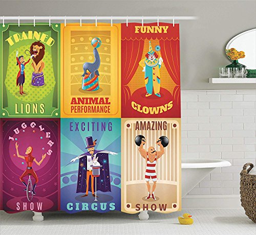 BUZRL Circus Decor Shower Curtain Set, Circus Characters with Trained Animals The Strong Man Trapeze Artist Retro Show Design, Bathroom Accessories,60 * 72inch Inches, Multi