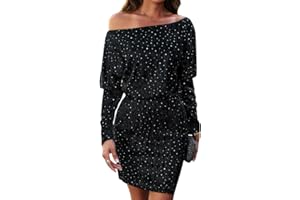 RPAEOY Vestito Donna Corto Elegante con Paillettes Manica Lunga Mini Abito Senza Spalla Tinta Unita Aderente Bodycon Sexy Abiti da Festa Discoteca Cocktail