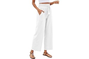 Famulily Women's Casual Cotton Linen Pants Wide Leg Lounge Trousers with Pockets Elastic High Waist with Drawstring Pants