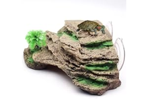 hisunfarm Turtle Basking Platform Terrace with Suction Cups, Reptile Resin Climbing Step Aquarium Décor, Fish Tank Decoration Decorative Rocks with Plastic Plant (Rock Yellow)