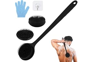 LOPHE Silicone Body Scrubber for Shower, Double Sided Back Scrubber with Long Handle, Shower Bath Wash Brush for Women Men Shower Spa Exfoliating Massage (Black)