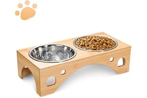 FoiiLiio Gamelle Chien Surelevee, Set de Gamelles avec 2 Bols en Acier Inoxydable de 1100 ML, Porte Gamelle Chien avec Support en Bambou