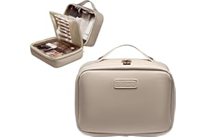 OutSpry Kulturtasche Groß, Reise Kosmetiktasche Make Up Tasche mit Pinselfach, Tragbare Wasserdicht PU Leder Kulturbeutel für Damen Mädchen, Beige