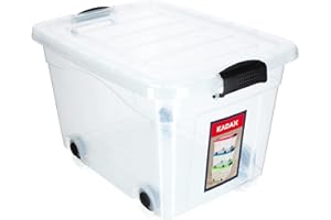KADAX Récipient en plastique avec roulettes, boîte de rangement en plastique, organiseur avec couvercle, boîte à clip pour jouets, boîte de rangement avec fermeture à clic (40 L, transparent)
