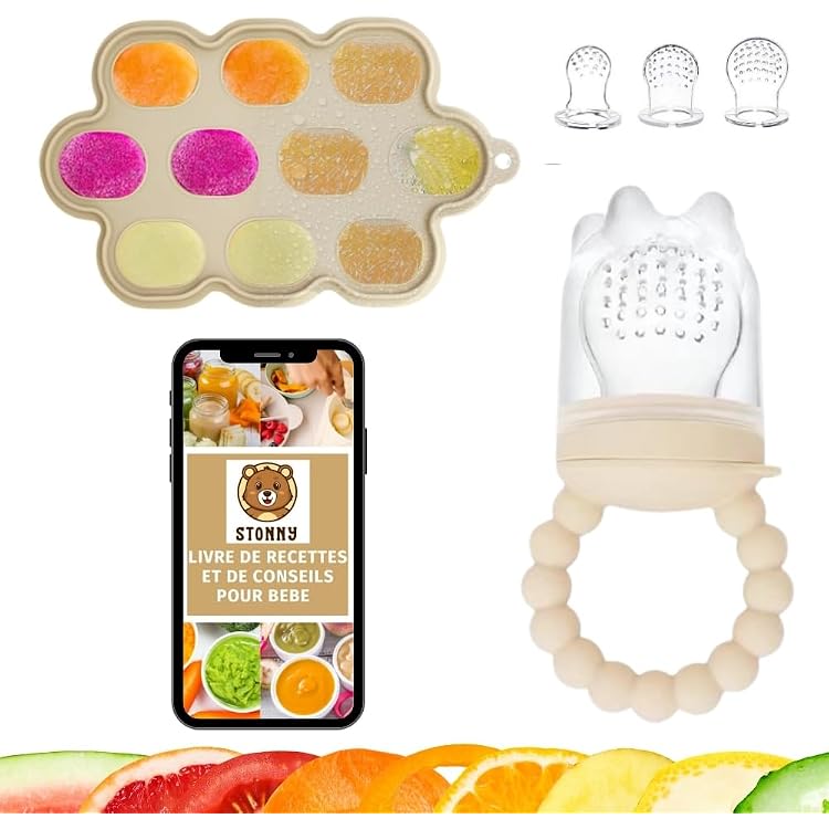 Set CLDY Grignoteuse Bébé - 3 Tétines Fruit Silicone + Mangeoire + Jouet Dentition + Boîte - Sans BPA (Bleu) - 5