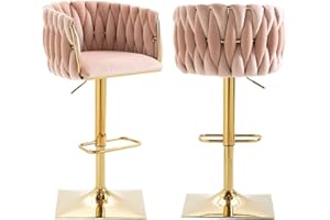 SUPPNEED Juego de 2 taburetes de bar de terciopelo con respaldo trenzado a mano, sillas de bar ajustables con reposapiés y base cromados, silla auxiliar con respaldo de barril para cocina y comedor