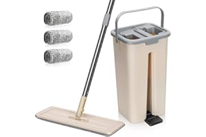MASTERTOP Mop and Buckets Sets, Compact Floor Mop and Buckets with Wringer Set, Magic Mops with 3 Reusable Washable Pads, 360° Flat Squeeze Mops Bucket for Hard Floors, 19x16x35cm