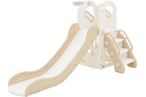 Joyz Ensemble de Jeux Enfants 3 en 1, Blanc-Beige, en Plastique, Tour d'escalade avec Toboggan et Panier de Basket-Ball, Ballon et Pompe Inclus, à Partir de 3 Ans, Montage au Système d'Emboîtage