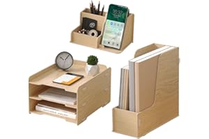 NUODWELL Ensemble de rangement de bureau en bois – Bac à courrier A4 à 3 niveaux, porte-documents, porte-stylos, organiseur de bureau et rangement pour fournitures de bureau (chêne)