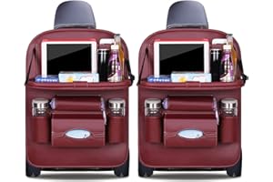 Ergocar Organiseurs pour Voiture Kick Mats cuir PU de luxe Protecteur de Siège Arrière avec porte-tablette pliable Imperméable Organisateurs de Voiture Rangement (Rouge Foncé - 2 Pack)