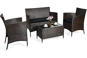 COSTWAY 4-częściowy zestaw mebli ogrodowych, meble balkonowe z polirattanu, zestaw mebli balkonowych z poduszkami do siedzenia, zestaw mebli do siedzenia dla 4 osób, meble tarasowe, zestaw mebli do