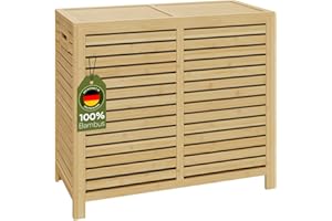 Bellamio Newa Wäschekorb aus Bambus – Wäschesammler mit 2 Fächern je 60 L – Wäschetonne mit Deckel – Wäschesack herausnehmbar & waschbar aus Oxford Gewebe – Wäschetruhe – Wäschebox 62x33x70 cm (HxTxB)
