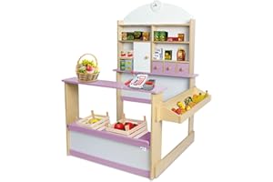Coemo Kaufmannsladen Kinder Kaufladen Lilly Holz Verkaufsstand mit 3 Schubladen Schrank Uhr Theke Seitentheke Farbe Rosa-weiß