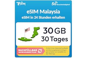 TSIM Malaysia eSIM | 30GB | 30 Tage | Nachfüllbarer Tarif | 5G Geschwindigkeit |Hotspot| Nur-Daten. QR-Code Wird innerhalb von 24 Stunden gesendet, scannen zur Aktivierung, Keine Telefonnummer enthalten.