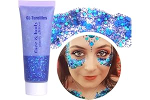 ‎GL-TURELIFES GL-Turelifes Chunky Glitter Gel Glitter Body Gel Festival Glitter Kosmetik Gesicht Haare Nägel Make-up Meerjungfrau Pailletten Flüssiger Lidschatten Langanhaltend Funkelnd (Blau 50ml)