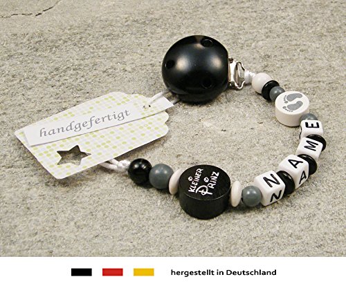 Baby SCHNULLERKETTE mit NAMEN | Schnullerhalter mit Wunschnamen - Jungen Motiv "kleiner Prinz" in schwarz