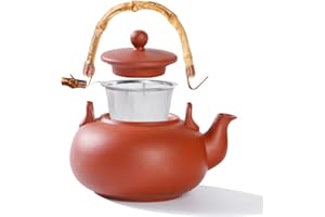 URBAN LIFESTYLE Tetera de barro "Terry" - 1.0L Tetera de barro con mango de bambú y filtro de acero