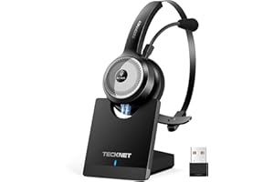 TECKNET Bluetooth PC Headset mit Mikrofon & USB Dongle [45 Std Anrufzeit & 10M Reichweite] kabelloses Headset mit Ladestation, Wireless Headset mit AI Rauschunterdrückung für Business,Büro,HomeOffice