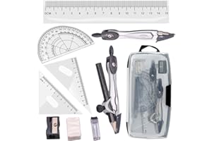 Tuloka Drafting Geometry Compasses 10pcs School Maths Full Set Protractor Rulers for Students Maths and Home Schooling in Carry Case