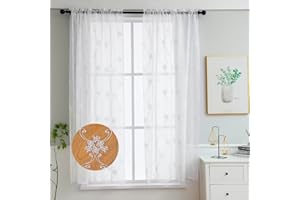 LIVETTY Original Net Curtains - 72 Inch Drop Curtain, 2 Panels Set, White Eyelet, Transparent Linen Style Voile, 3D Floral Classic Embroidery for Bedroom, Living Room, Kitchen
