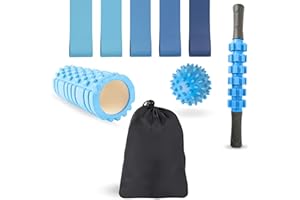 EUREKA BODIFY Rouleau de massage musculaire – Foam Roller pour Dos, Jambes, Fasciite Plantaire – Kit avec Balle, Bandes de Résistance – Pilates, Yoga, Fitness – Sac de Transport Inclus (Bleu)