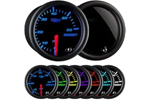 GlowShift Tinted 7 Color 60 PSI Turbo Boost Gauge Kit - Includes Mechanical Hose & Fittings - Black Dial - Smoked Lens - for Diesel Trucks - 2-1/16" 52mm