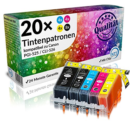 N.T.T.® - 20 STÜCK (4 x SETS) XL Druckerpatronen Tintenpatronen Tinte für Canon PIXMA IP 4850 IP 4950 IX 6550 MG 5150 MG 5250 MG 5340 MG 5350 MG 6150 MG 6250 MG 8150 MG 5100 MG 5200 MG 5300 MG 6120 MG 8120 MG 8240 MG 8250 MX 885 MX 895 PGI-525BK / CLI-526C / CLI-526M / CLI-526Y und CLI-526BK 100% Qualität MIT CHIP ***SPARSET***