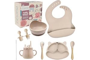 MAIXCHEL Vajilla bebe silicona | Plato bebe ventosa + 4 cubiertos bebe + bol ventosa + babero bebe + vaso aprendizaje bebe | Set completo de vajilla infantil ideal para BLW | Regalo bebe, Libre de BPA