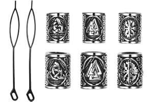 Cupimatch Wikinger Bartperlen Haarperlen Set: Edelstahl Haar- und Bartschmuck keltische 6Pcs Runen Perlen in 2 Größen mit Haarfädler DIY Dreadlock Schmuck Unisex Wikinger Haarschmuck für Frauen Männer