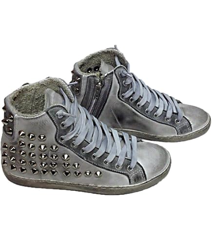VIA CONDOTTI Sneakers Alte Unisex In Vera Pelle Sfumata, Stella Rossa E Borchie Cono Argentate, Made In Italy, Varie Misure