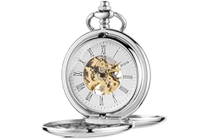 Tiong Silver Single or Double Opening Case Mechanical Pocket Watch, Pocket Watch Mechanical Roman Numeral Dial Pocket Watches for Men